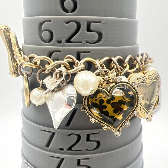 Betsy Johnson Charm Bracelet Heart Lockets Faux Pearls Bows Leopard Designs - Picture 2 of 11